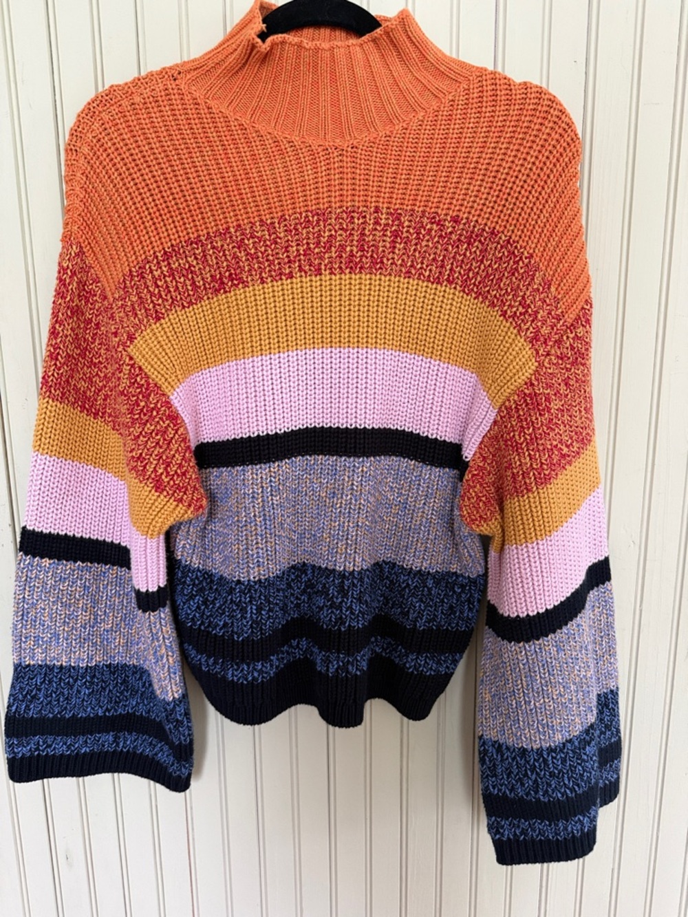 Current/Elliott Multi-Stripe Funnel Neck Sweater in Orange, Pink, Mustard & Navy